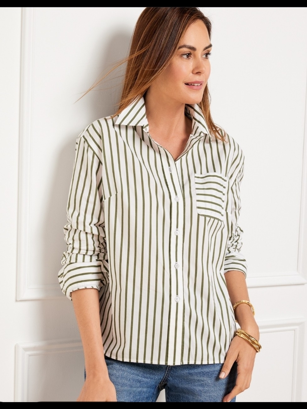 Talbots Olive and White Vertical Stripe Button-Down Shirt
